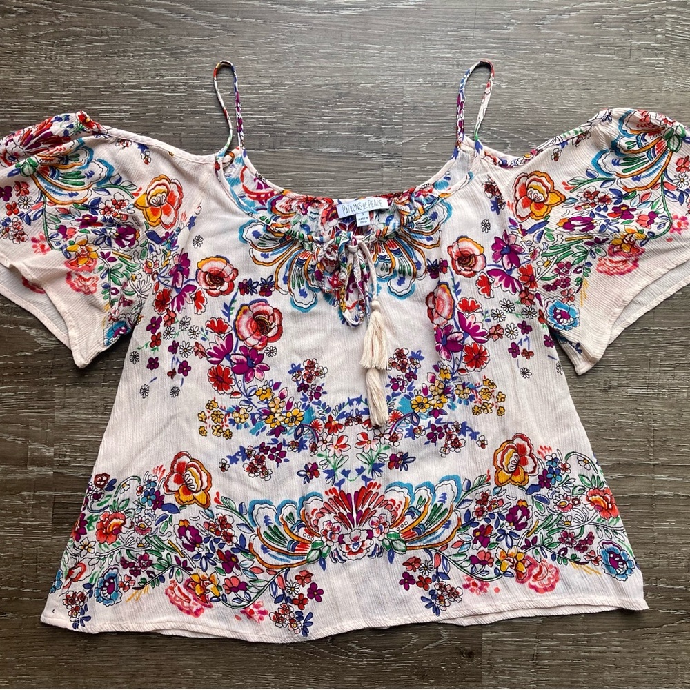 Patrons of Peace Vibrant Floral Off Shoulder Shirt Size Small